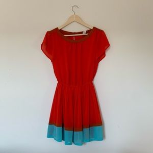 Red and teal, pleated summer dress